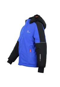 Veste isolée bleu et noir avec capuche, équipée d'une fermeture éclair orange et d'accents réfléchissants. Le matériau semble lisse avec une coupe structurée.