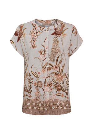 Beige kortærmet bluse med forknapper, med detaljeret blomster- og fugleprint i brune og rosa toner.