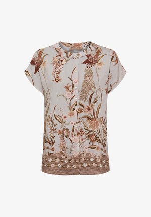 Beige kortærmet bluse med forknapper, med detaljeret blomster- og fugleprint i brune og rosa toner.
