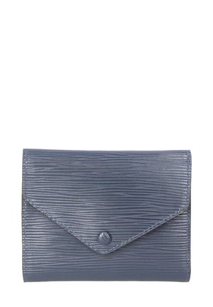 Blue textured wallet with a ribbed pattern, featuring a flap closure and a round button snap. Compact and rectangular design.