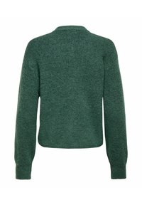 Zielony sweter dzianinowy o skróconym kroju, szerokich rękawach oraz prążkowanej fakturze. Posiada okrągły dekolt i prosty, czysty wykończenie.