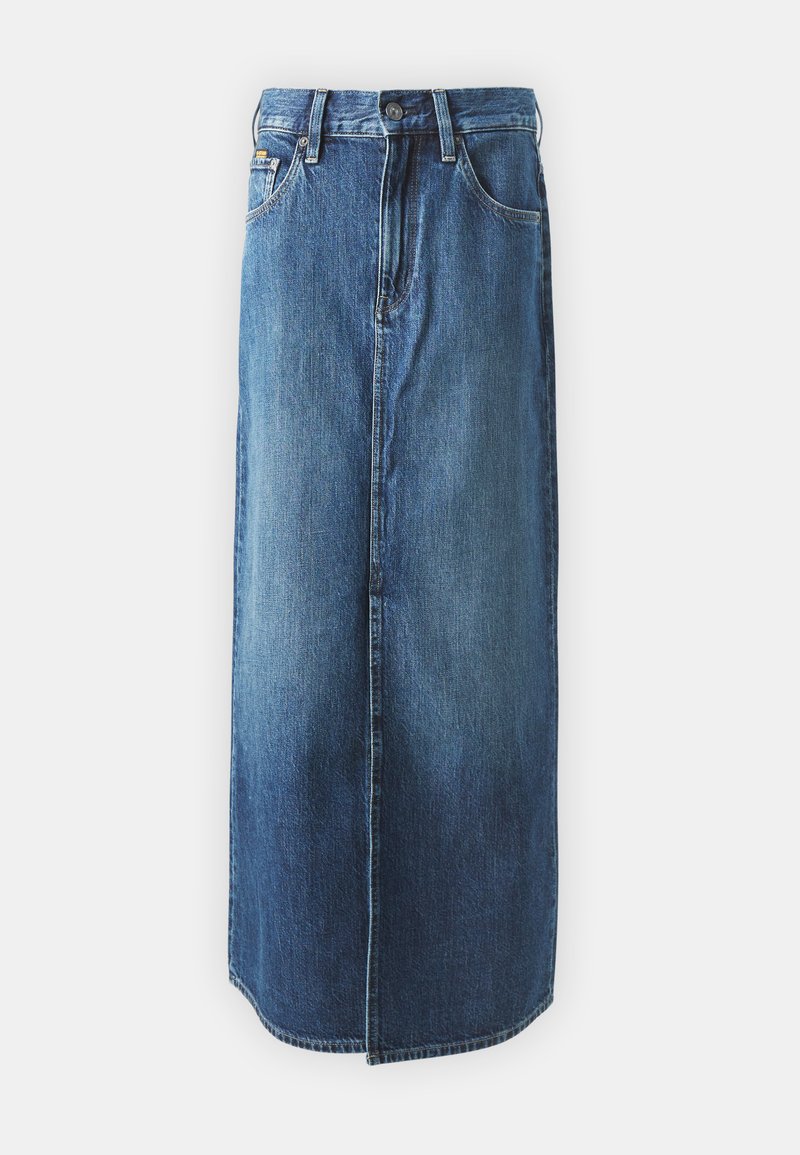 Gonna midi in denim blu, con taglio dritto, chiusura anteriore con bottoni, passanti per cintura e due tasche laterali. Tessuto morbido e testurizzato.