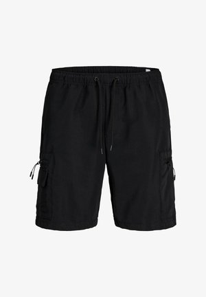 Pantaloni cargo neri con vita elasticizzata e cordoncino. Presentano due tasche laterali e una tasca con zip sulla coscia. Tessuto leggero.