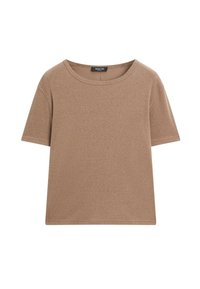 T-shirt a maniche corte, col rotondo, di un uniforme marrone, con una vestibilità regolare e un'etichetta di marca visibile all'interno del colletto.