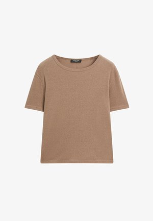 Kurzärmliges, rundausschnitt, schlichtes braunes T-Shirt mit regulärer Passform und sichtbarem Markenlabel im Kragen.