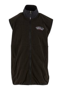 Gilet en polaire noir avec un col montant, zip intégral et logo "UNFAIR" brodé sur la poitrine. Il dispose de poches latérales et d'une coupe décontractée.