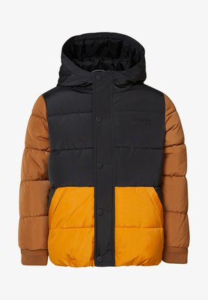 Giubbotto imbottito con una parte superiore nera, maniche marroni e una parte inferiore arancione. Include un cappuccio e una chiusura a bottoni automatici.