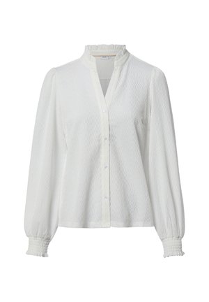 Weiße Bluse mit langen Ärmeln und dezentem, strukturiertem Wellenmuster, gerafftem Stehkragen, durchgehender Knopfleiste und gesmokten Manschetten.