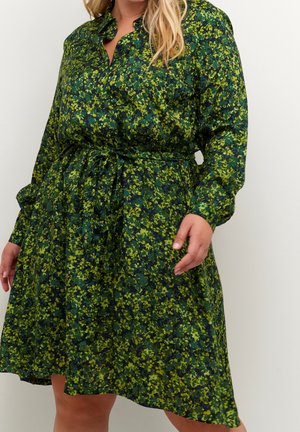 Green floral dress with long sleeves, button-down front, gathered waist, and a tie belt. Features a textured fabric with a vibrant pattern.