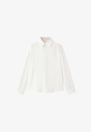 Chemise blanche à manches longues avec boutons, col pointu et poignets boutonnés, posée à plat sur fond blanc.