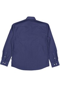 Marineblaue Langarmbluse aus Baumwolle mit Button-Down-Kragen, seitlichen Nähten, Zwei-Knopf-Manschetten und abgerundetem Saum.