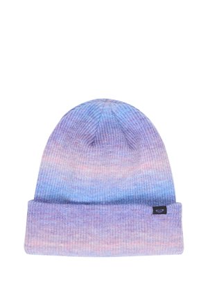 Bonnet en maille côtelée avec un revers plié dans des nuances dégradées douces de violet, rose et bleu, avec une petite étiquette logo noire.