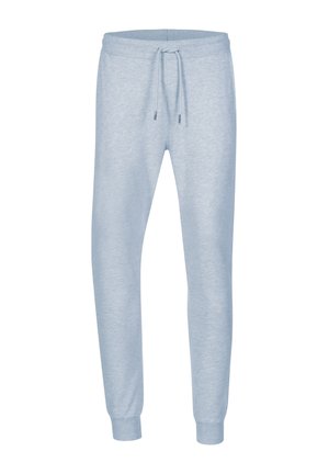 Pantalones de chándal azul claro hechos de una tela suave, con cintura ajustable, puños acanalados y una superficie lisa, ligeramente texturizada.