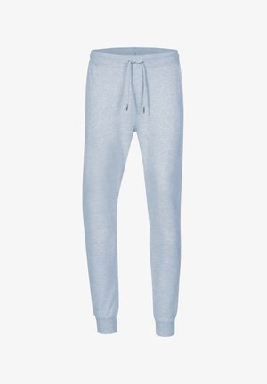 Lichtblauwe sweatpants van zachte stof, met een verstelbare tailleband, geribbelde manchetten en een gladde, iets gestructureerde oppervlak.