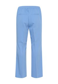 Light blue, mid-rise trousers with an elastic waistband, straight legs, and two back pockets. Smooth fabric with a soft texture.