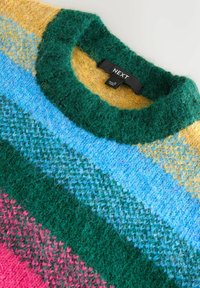 Strickpullover mit breiten Streifen in Grün, Blau, Gelb und Pink. Hochkragen-Design, flauschige Textur und ein sichtbares Etikett mit "NEXT".