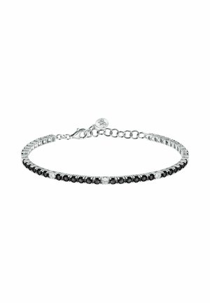 Bracciale in argento con gemme nere e trasparenti alternate, caratterizzato da una delicata catena e una chiusura a moschettone per una chiusura sicura.