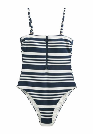 Randig baddräkt i navy och vitt, med justerbara remmar, vertikal rippning och dragkedja framtill för stängning.