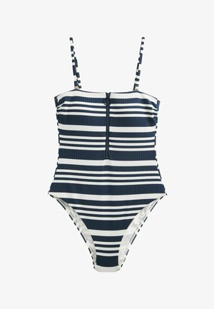 Maillot de bain une pièce rayé en bleu marine et blanc, avec des bretelles réglables, un côtelé vertical et une fermeture éclair à l'avant.