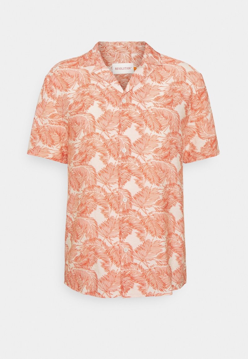 Chemise à manches courtes avec un fond beige clair et un motif de feuilles de palmier orange couvrant l'ensemble, dotée d'un col campagnard et de boutons blancs.
