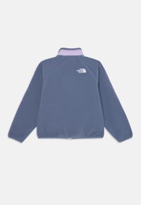 Plava flis jakna s ljubičastim ovratnikom i bijelim logotipom The North Face na gornjem dijelu stražnje strane, prikazana s leđa na bijeloj pozadini.
