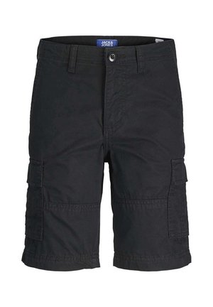 Pantaloncini cargo neri fino al ginocchio con passanti per cintura, bottone frontale, cerniera e tasche laterali con patta, con etichetta Jack & Jones all'interno della vita.