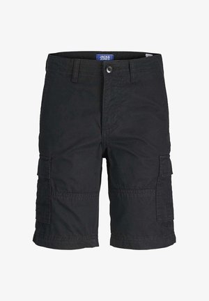 Czarne szorty cargo do kolan z pętlami na pasek, przednim guzikiem, zamkiem błyskawicznym oraz bocznymi kieszeniami na klapę, z metką Jack & Jones wewnątrz pasa.