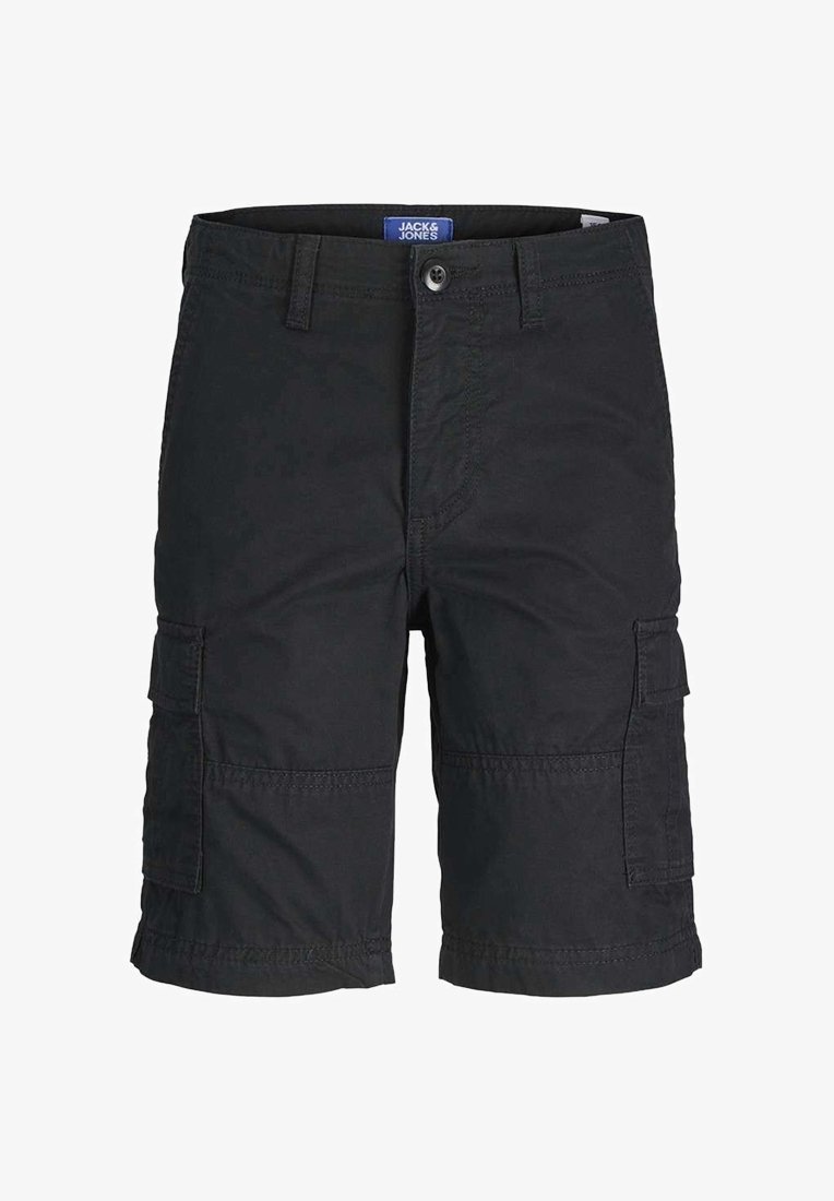 Shorts cargo noirs jusqu'aux genoux avec passants pour ceinture, bouton à l'avant, fermeture éclair et poches à rabat latérales, étiquette Jack & Jones à l'intérieur de la ceinture.