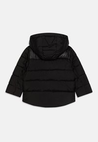 Black puffer jacket with a hood, featuring a quilted design, horizontal panels, and a slightly extended back hem. Smooth fabric texture.
