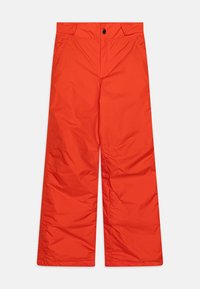 Red padded snow pants with a high waist, wide leg design, two side pockets, and a button closure. Made from water-resistant material.