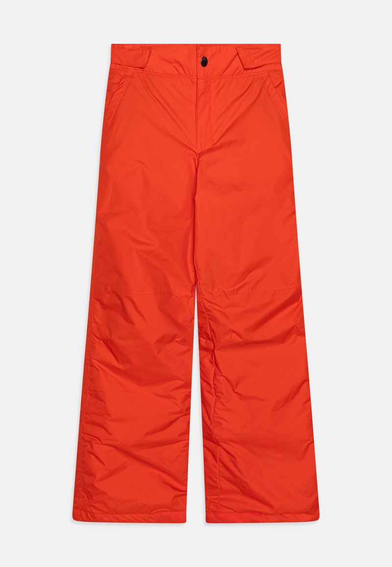 Red padded snow pants with a high waist, wide leg design, two side pockets, and a button closure. Made from water-resistant material.
