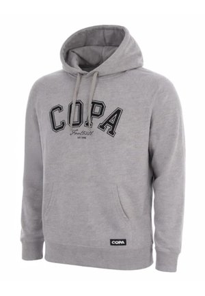 Grijze hoodie met zwarte "COPA Football" tekst op de borst en voorzak. Trekkoord in de capuchon en geribbelde boorden.