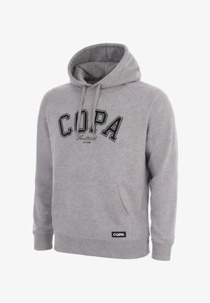 Grijze hoodie met zwarte "COPA Football" tekst op de borst en voorzak. Trekkoord in de capuchon en geribbelde boorden.