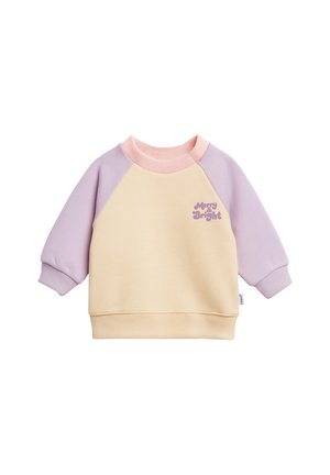 Light yellow sweatshirt with lavender raglan sleeves, pink knit collar, and cuffs. Features "Merry & Bright" text in purple. Soft texture.