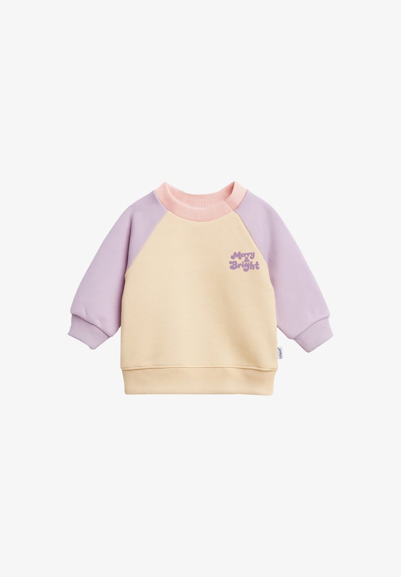 Light yellow sweatshirt with lavender raglan sleeves, pink knit collar, and cuffs. Features "Merry & Bright" text in purple. Soft texture.