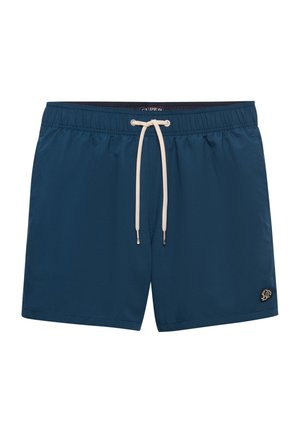 Mørkeblå badeshorts med elastisk taljebånd, hvid snøre og lille sort og beige logo-mærke på venstre ben.
