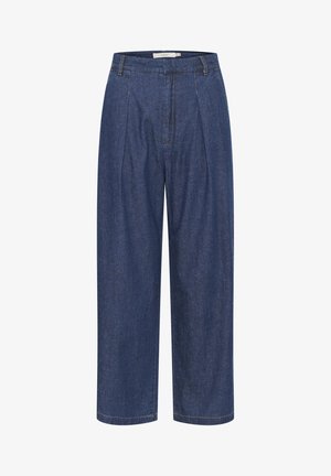 Pantaloni in denim di colore blu scuro, con gamba ampia, dettagli plissettati, una vita a media altezza e cuciture tradizionali lungo le cuciture.
