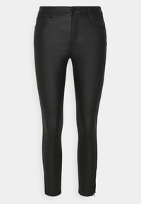 Jeans ajustados negros hechos de un material liso y elástico. Presentan una cremallera en la parte delantera, trabillas para el cinturón y detalles con cremallera en el tobillo.