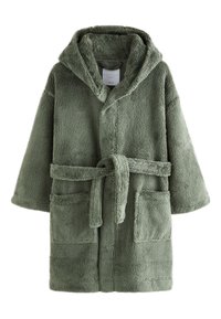 Green hooded bathrobe made of soft, textured fabric, featuring a tie belt and two front pockets. Suitable for lounging or post-shower wear.