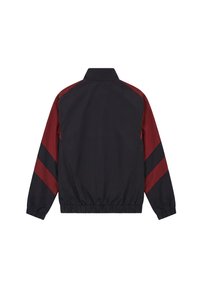 Black jacket with maroon sections on shoulders and sleeves, featuring diagonal black stripes and elastic cuffs and waistband, shown from the back.