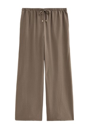 Pantaloni marroni a gamba larga con cintura elastica e coulisse regolabile, caratterizzati da una vestibilità comoda e una texture del tessuto leggera.