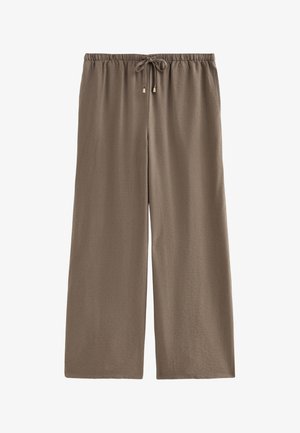 Brązowe spodnie o szerokich nogawkach z elastycznym pasem i regulowanym sznurkiem, cechujące się luźnym krojem i lekką fakturą tkaniny.