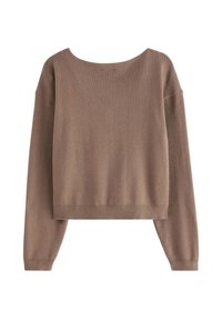 Pull en tricot brun avec un col large, des épaules tombantes et un ourlet côtelé. Présente un design court et une texture douce.