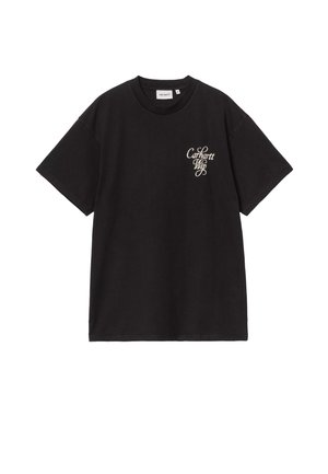 Camiseta negra de manga corta con pequeño logo blanco "Carhartt WIP" en el pecho izquierdo, cuello redondo y corte holgado.