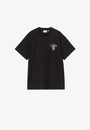 T-shirt nera a maniche corte con piccolo logo bianco "Carhartt WIP" sul petto sinistro, girocollo e vestibilità comoda.