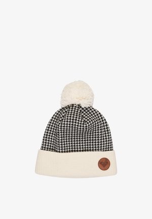 Czarno-biała dzianinowa czapka typu beanie w wzór pepitki z kremowym mankietem, kremowym pomponem na czubku oraz małą okrągłą skórzaną naszywką z logo na mankiecie.