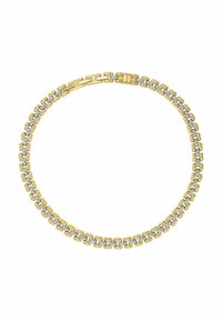 Pulsera de metal dorado y plateado con eslabones rectangulares entrelazados. Presenta una textura suave y un cierre de gancho, dispuesta en dos filas.