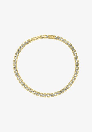 Gold- und Silberarmband aus Metall mit ineinandergreifenden rechteckigen Gliedern. Es hat eine glatte Oberfläche und einen Verschluss mit zwei Reihen angeordnet.