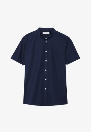 Short-sleeve, navy button-up shirt with a mandarin collar, single chest pocket, and a smooth fabric texture. White buttons add contrast.