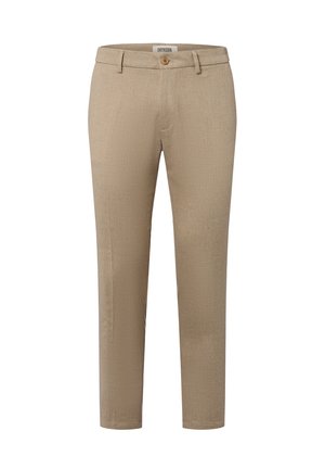 Beige maßgeschneiderte Hosen mit strukturiertem Muster, Reißverschluss und einzelner Knopfverschluss; Slim-Fit-Design mit Eingrifftaschen und geradem Bein.